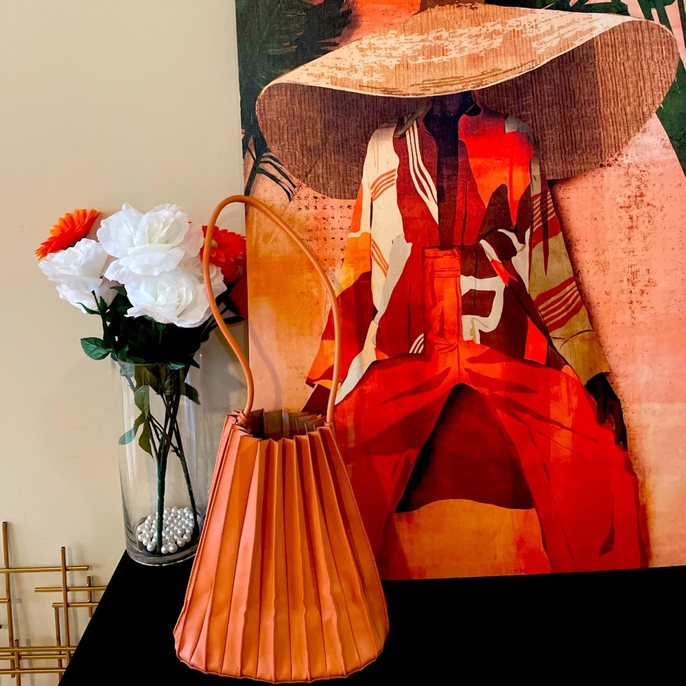 Orange Leather Pleated Shoulder Bag